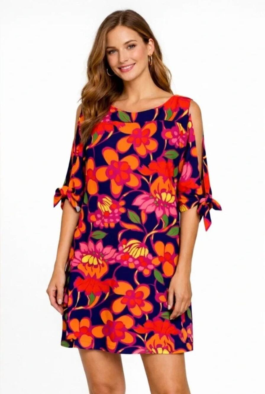 EUC Trina Turk Women's Vinet Split Sleeve Floral Jersey Shift Mini Dress L